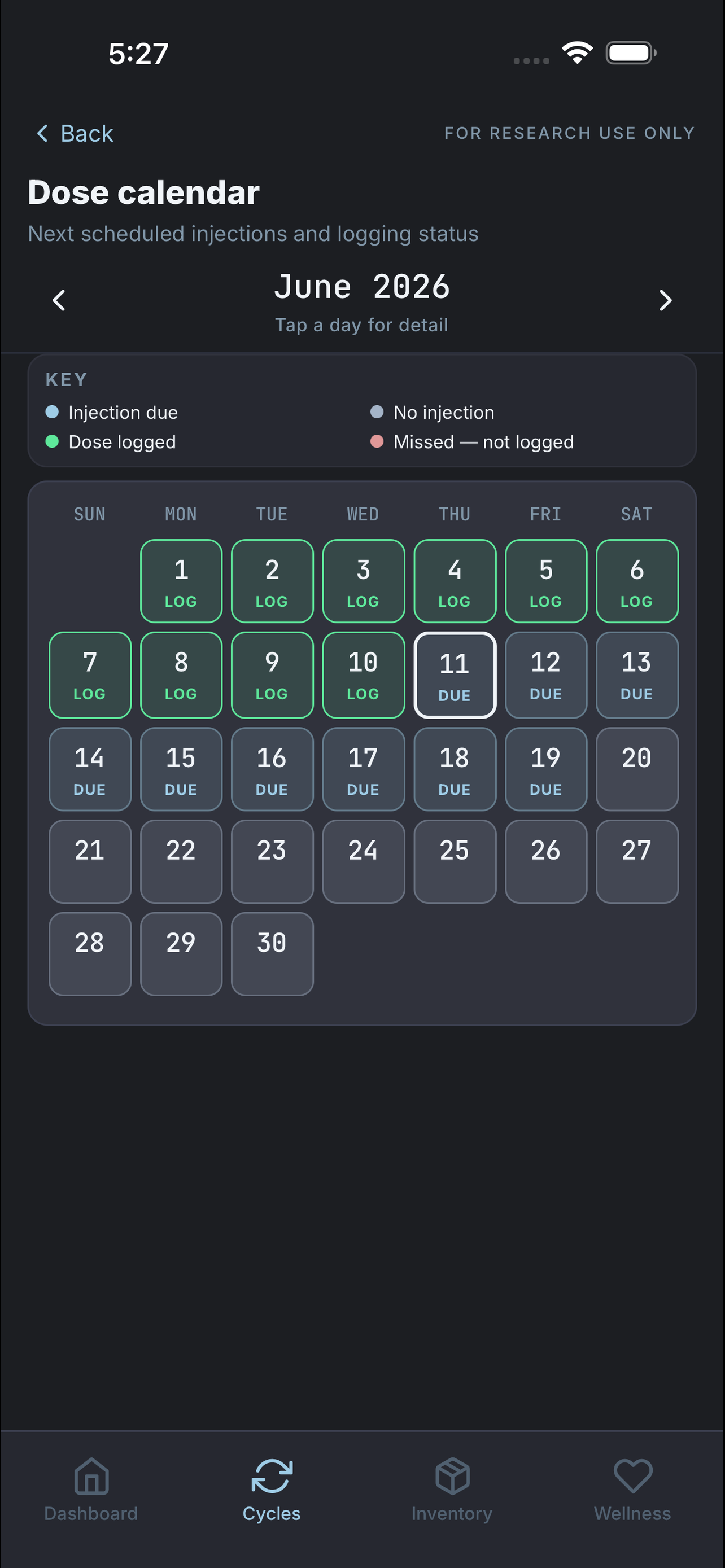 Dose calendar screen
